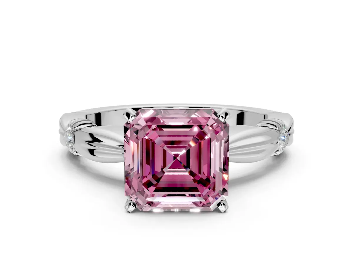 Solitaire Engagement Ring Setting for Fancy Pink Asscher Cut Center with Carved Leaf Shoulders and Prong Head in Sterling Silver