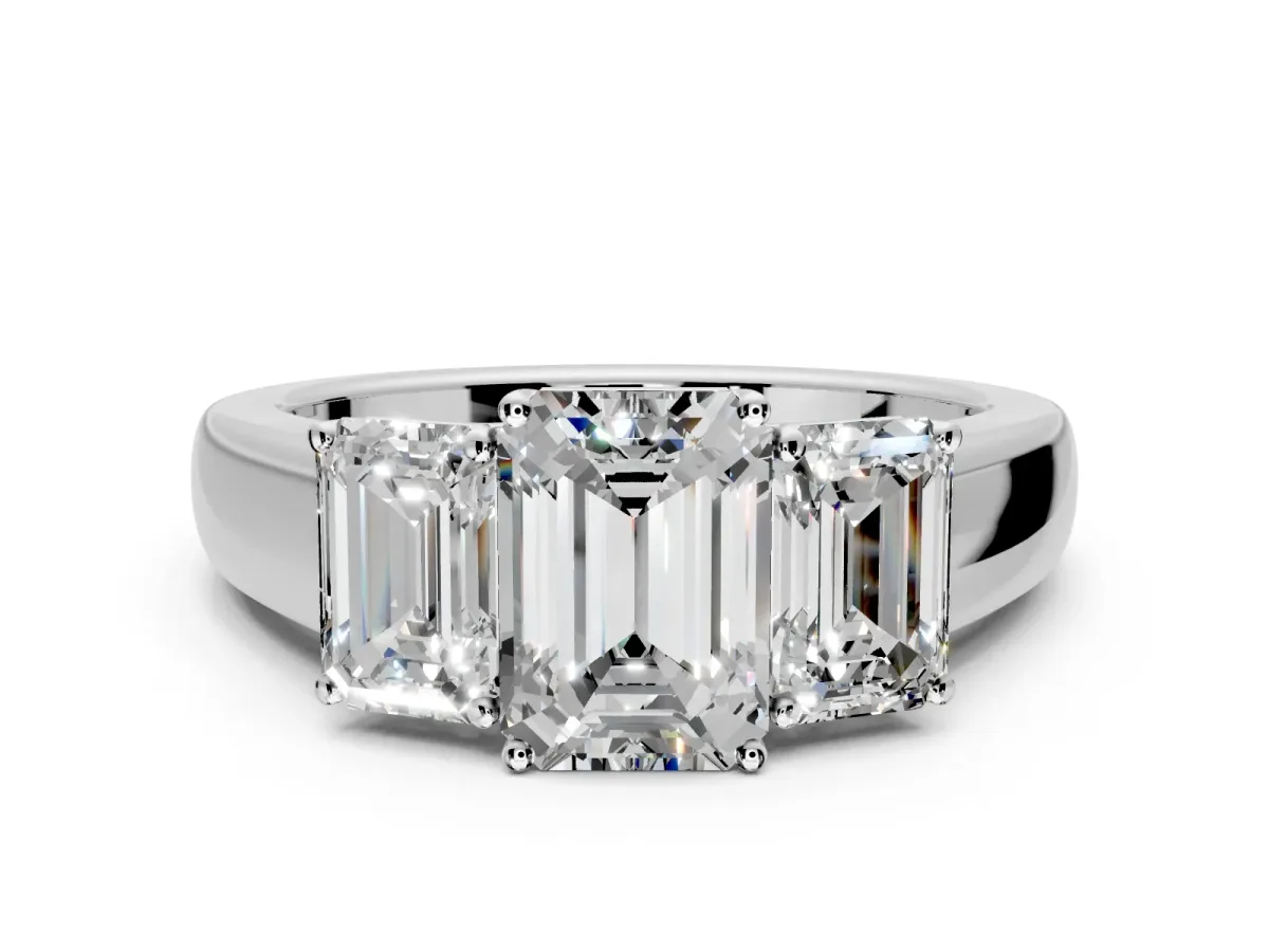 3 Stone Engagement Ring Setting for Emerald Cut Center with Raised Basket Heads and Prong Head in Platinum