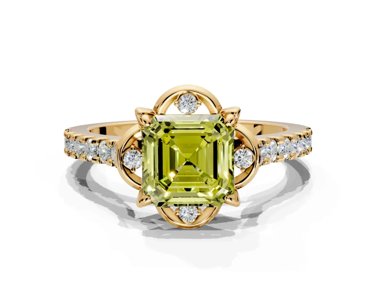 Floral Engagement Ring Setting for Fancy Yellow Asscher Cut Center with Pave Band and Floral Prong Head in Yellow Gold