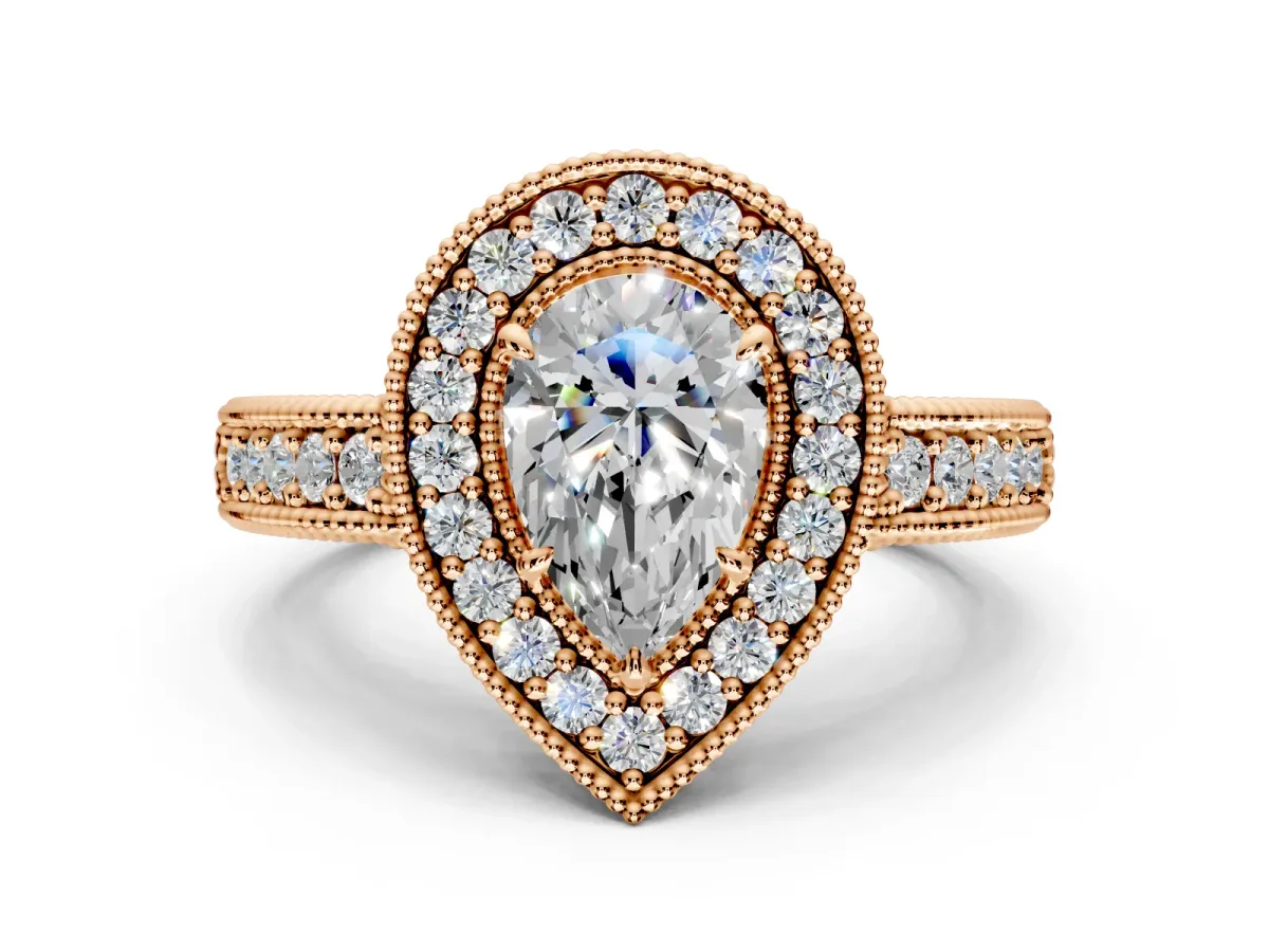 Milgrain Halo Engagement Ring Setting for Pear-Shaped Center with Pave Band and Prong Head in Rose Gold
