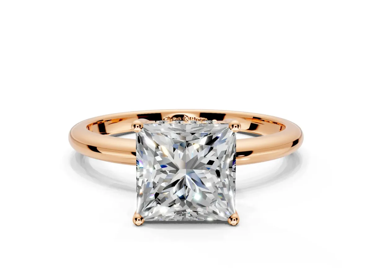 Hidden Halo Engagement Ring Setting for Princess Cut Center with Thin Round-Wire Band and Prong Head in Rose Gold