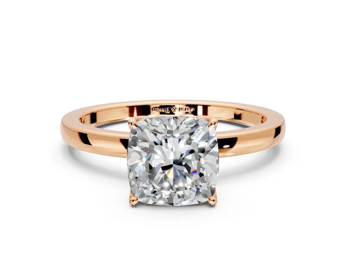 Solitaire Engagement Ring Setting for Cushion Cut Center with Thin Rounded Plain Band and Prong Head in Rose Gold