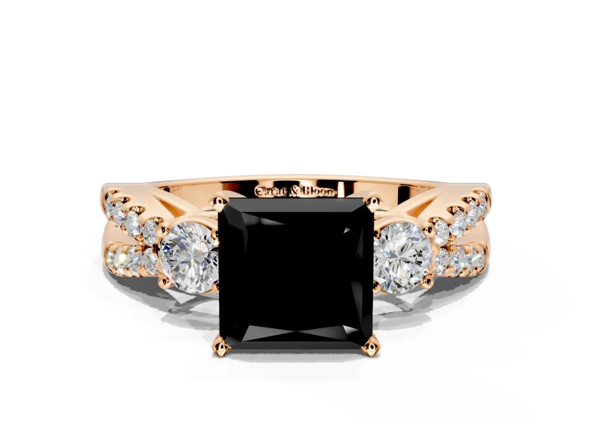 3 Stone Engagement Ring Setting for Fancy Black Princess Cut Center with Pave Split Shank and Prong Head in Rose Gold