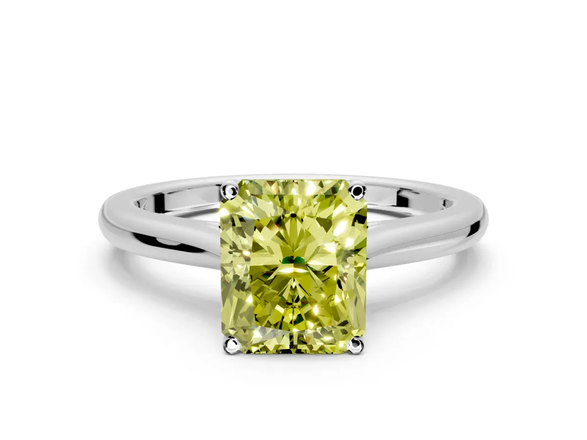 Solitaire Engagement Ring Setting for Fancy Yellow Radiant Cut Center with Narrow Cathedral Band and Prong Head in Sterling Silver