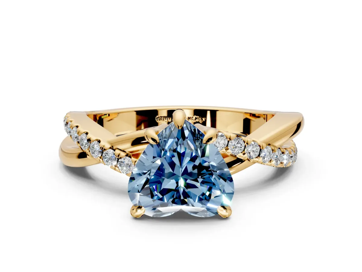 Solitaire Engagement Ring Setting for Fancy Blue Heart-Shaped Center with Half-Pave Crossover Band and Prong Head in Yellow Gold