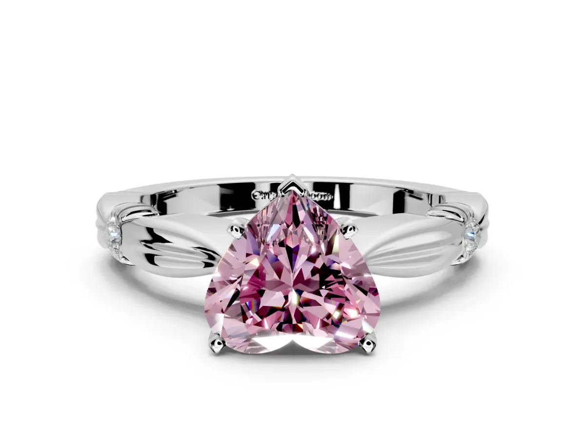 Solitaire Engagement Ring Setting for Fancy Pink Heart-Shaped Center with Carved Leaf Shoulders and Prong Head in Platinum