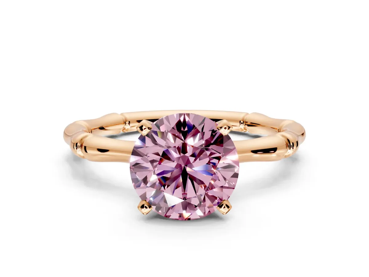 Solitaire Engagement Ring Setting for Fancy Pink Round Cut Center with Bamboo Band and Prong Head in Rose Gold