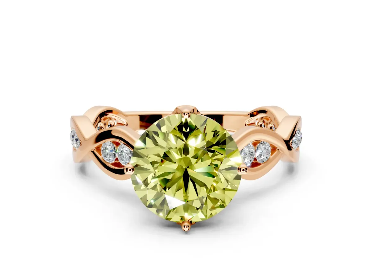 Solitaire Engagement Ring Setting for Fancy Yellow Round Cut Center with Accented Twist Band and Leaf Prong Head in Rose Gold