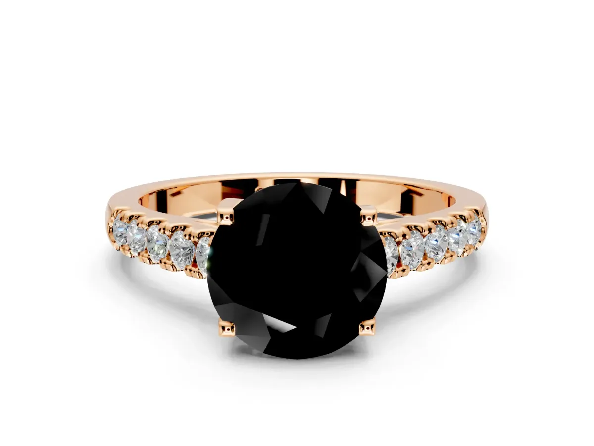 Solitaire Engagement Ring Setting for Fancy Black Round Cut Center with Partway Pave Band and Prong Head in Rose Gold