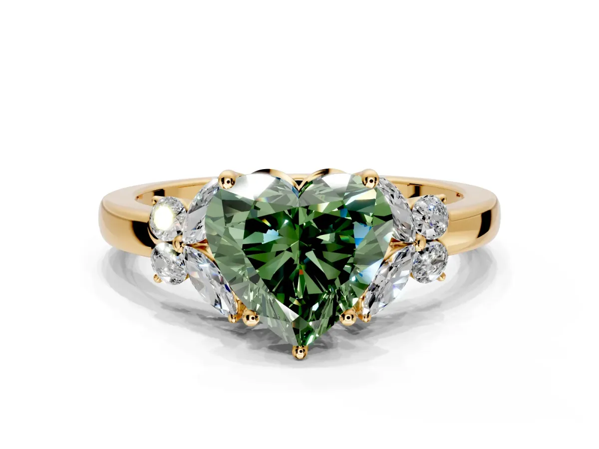 Solitaire Engagement Ring Setting for Fancy Green Heart-Shaped Center with Marquise Flower Shoulders and Prong Head in Yellow Gold