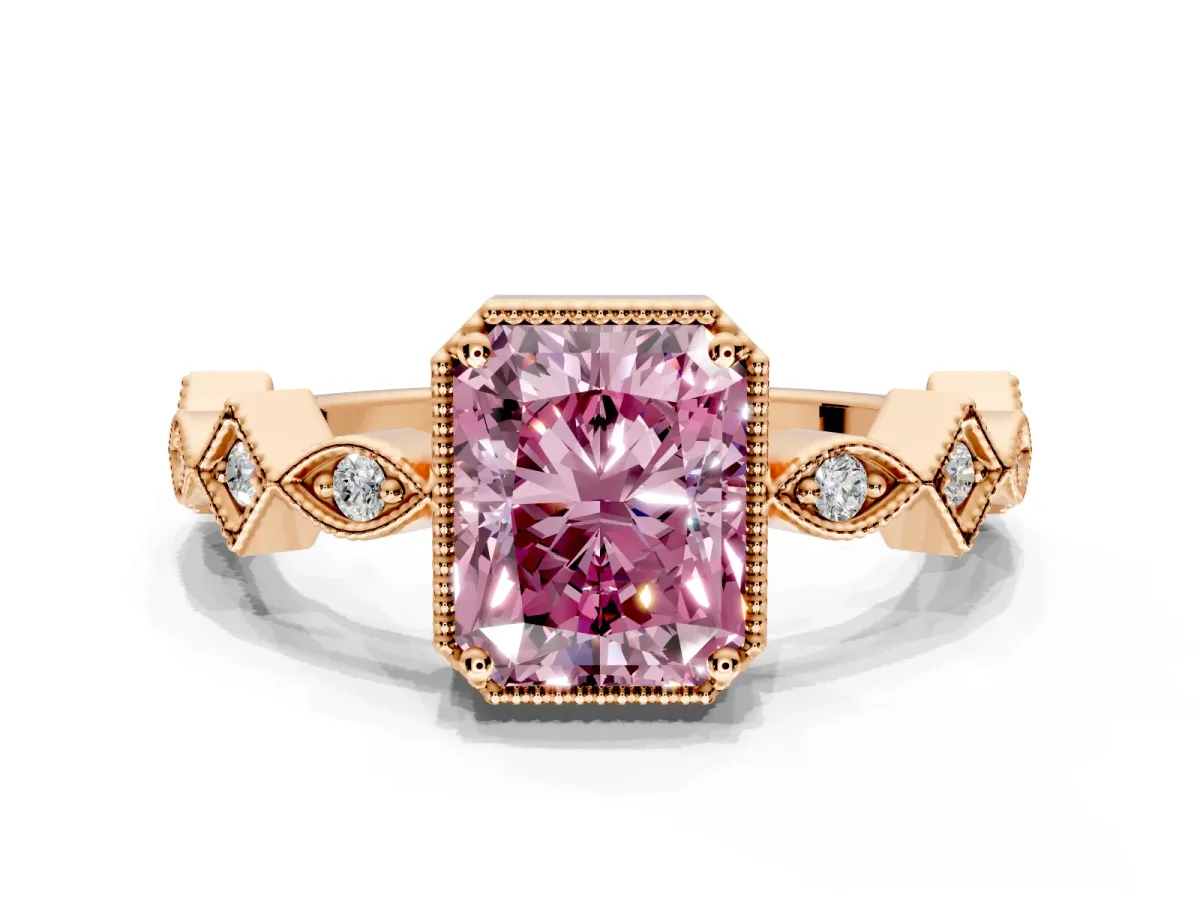 Milgrain Bezel Engagement Ring Setting for Fancy Pink Radiant Cut Center with Marquise Stations and Bezel Head in Rose Gold