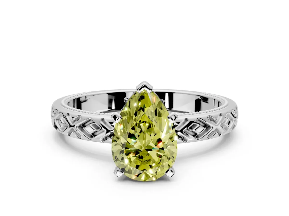 Solitaire Engagement Ring Setting for Fancy Yellow Pear-Shaped Center with Milgrain X Pattern Band and Prong Head in Platinum