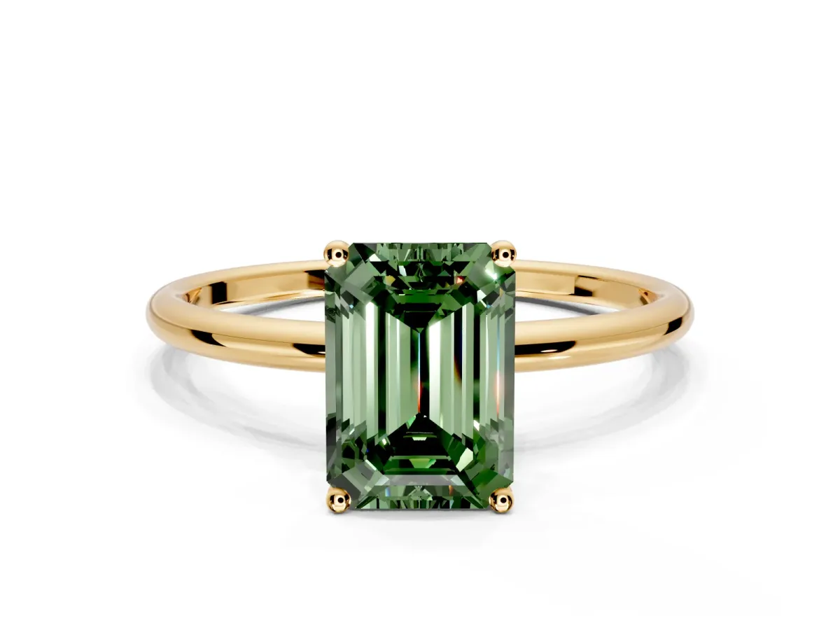 Solitaire Engagement Ring Setting for Fancy Green Emerald Cut Center with Straight Thin Band and Prong Head in Yellow Gold