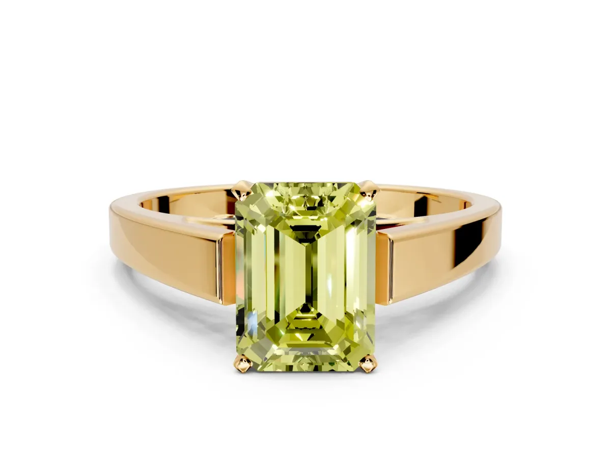 Solitaire Engagement Ring Setting for Fancy Yellow Emerald Cut Center with Tapered Split Shoulders and Prong Head in Yellow Gold