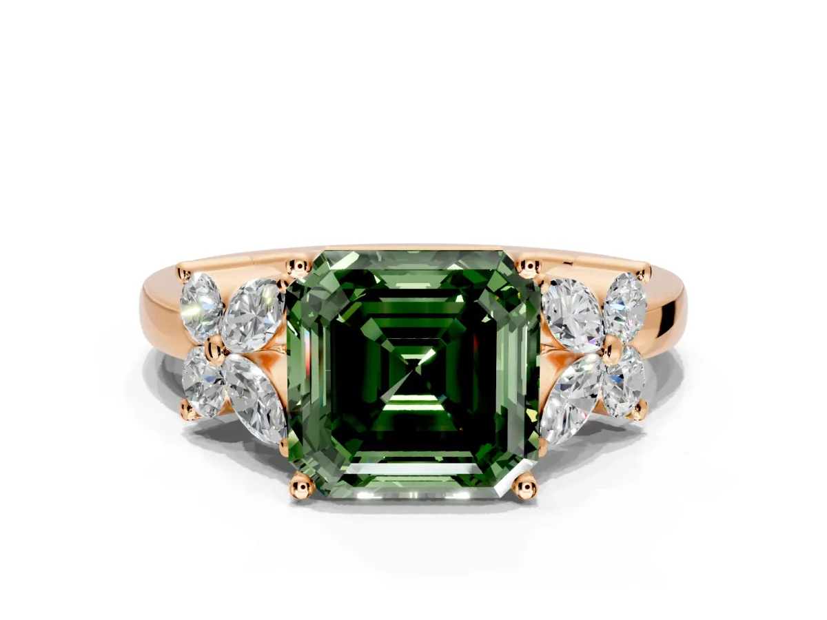 Floral Engagement Ring Setting for Fancy Green Asscher Cut Center with Marquise Cluster Shoulders and Prong Head in Rose Gold