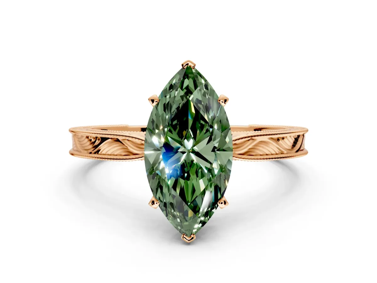 Solitaire Engagement Ring Setting for Fancy Green Marquise Center with Engraved Milgrain Band and Prong Head in Rose Gold