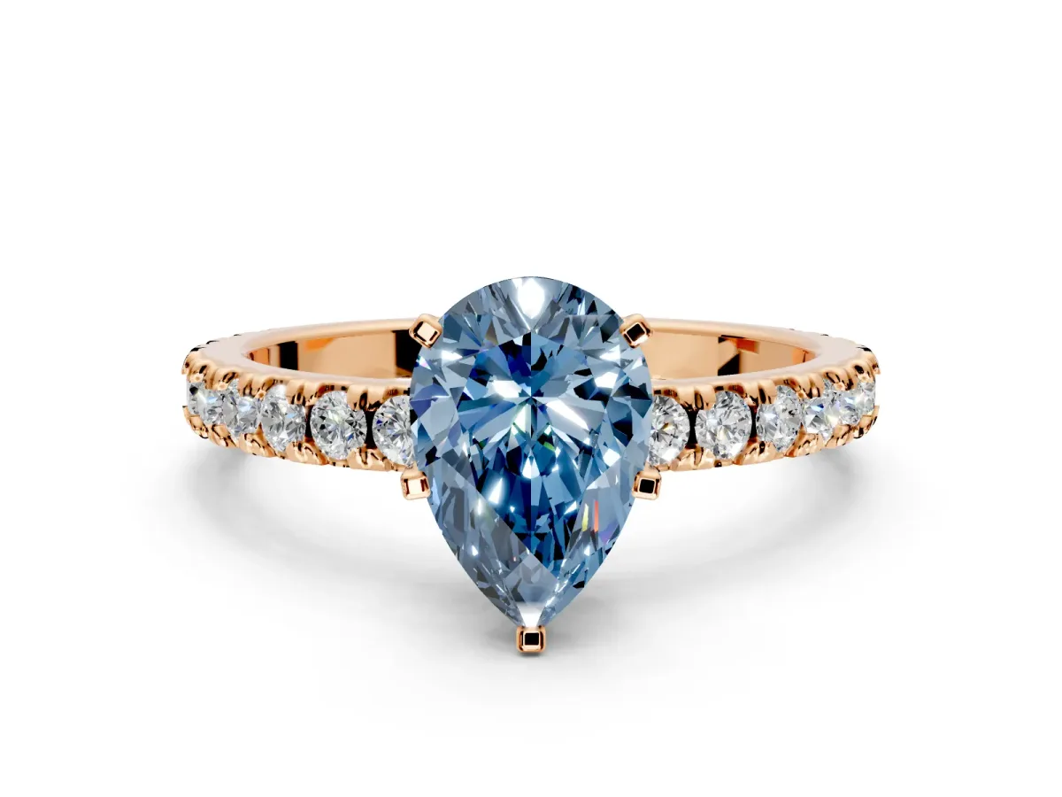 Solitaire Engagement Ring Setting for Fancy Blue Pear-Shaped Center with Fine Pave Band and Claw Prong Head in Rose Gold