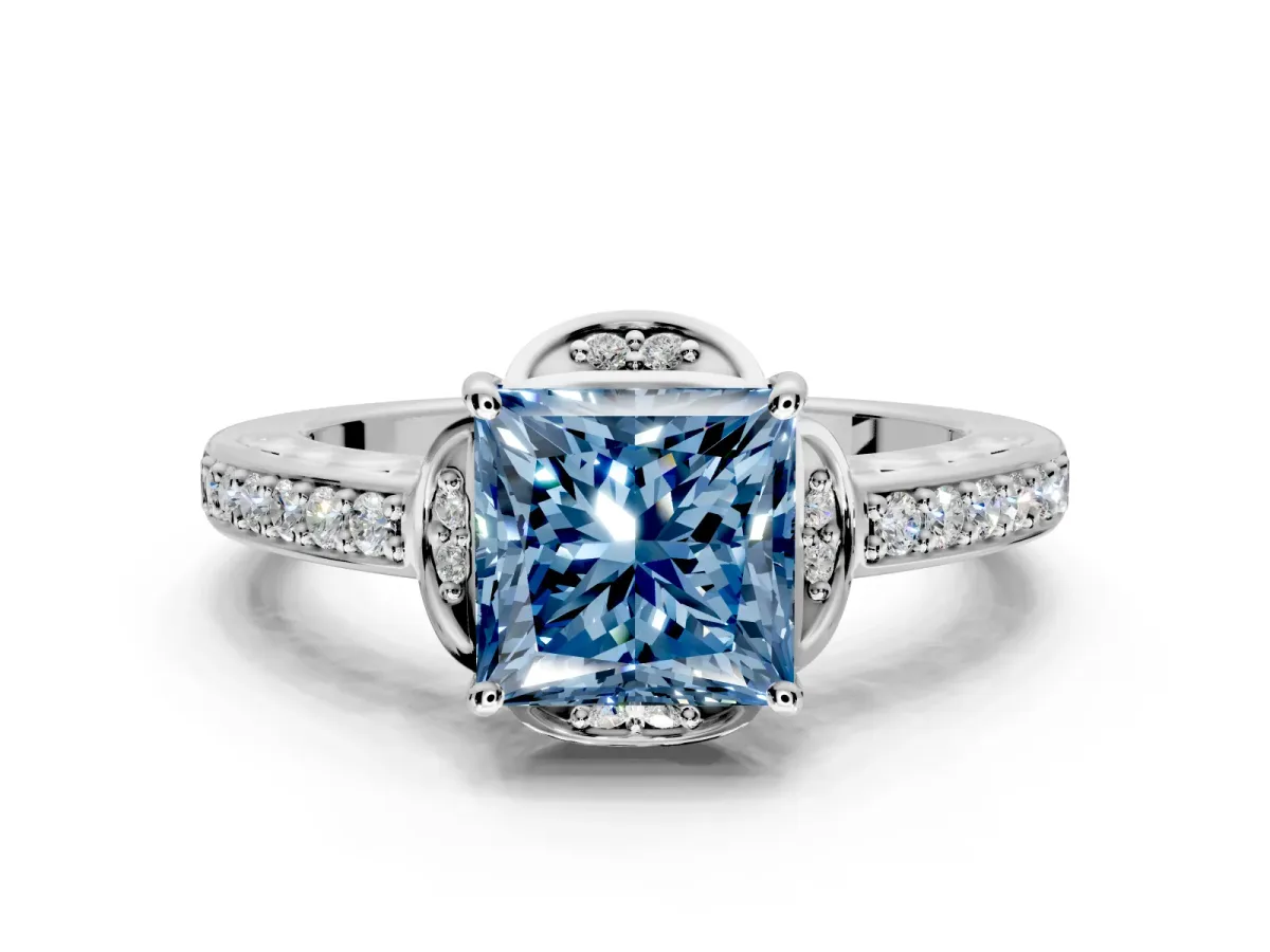Floral Engagement Ring Setting for Fancy Blue Princess Cut Center with Four Accent Clusters and Prong Head in Platinum