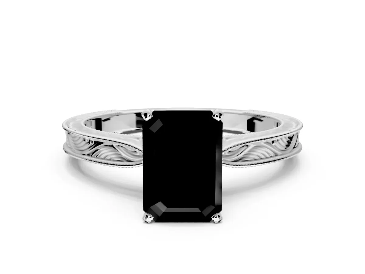 Solitaire Engagement Ring Setting for Fancy Black Emerald Cut Center with Engraved Milgrain Band and Prong Head in Platinum