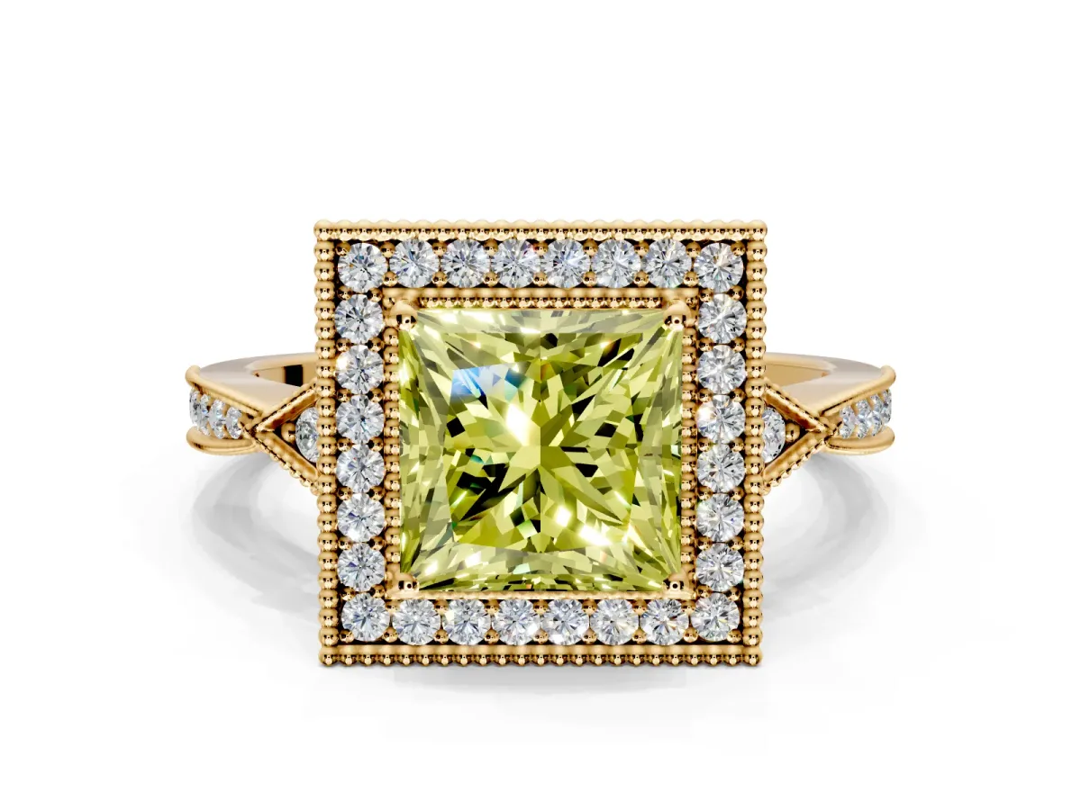 Halo Engagement Ring Setting for Fancy Yellow Princess Cut Center with Milgrain Rim, Pave Band and Prong Head in Yellow Gold
