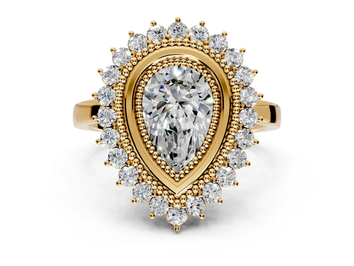 Halo Engagement Ring Setting for Pear-Shaped Center with Milgrain Bezel Rim, Plain Band and Prong Head in Yellow Gold