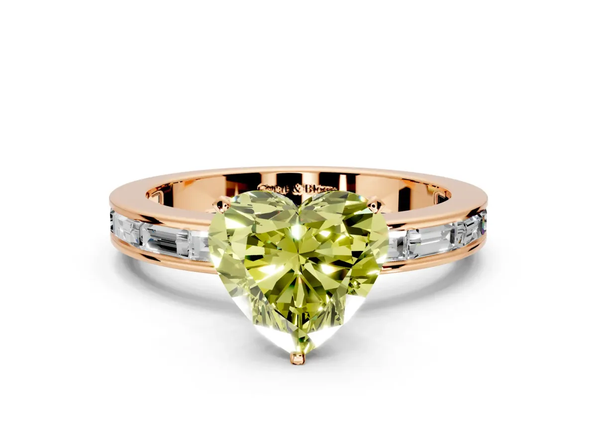 Solitaire Engagement Ring Setting for Fancy Yellow Heart-Shaped Center with Channel Baguette Band and Prong Head in Rose Gold