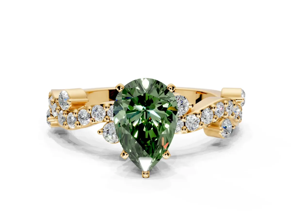 Solitaire Engagement Ring Setting for Fancy Green Pear-Shaped Center with Bar-Station Pave Twist and Prong Head in Yellow Gold