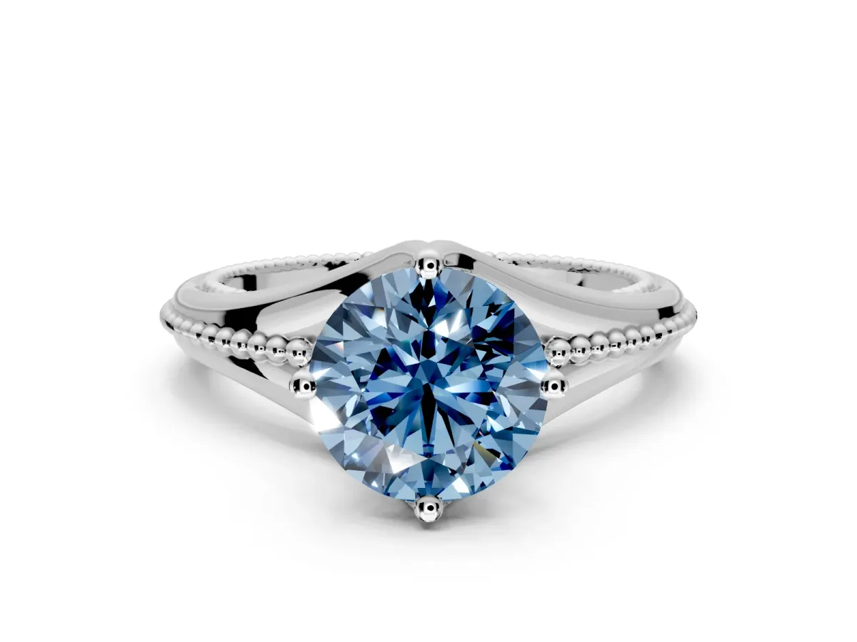 Solitaire Engagement Ring Setting for Fancy Blue Round Cut Center with Milgrain Cathedral Band and Prong Head in Sterling Silver