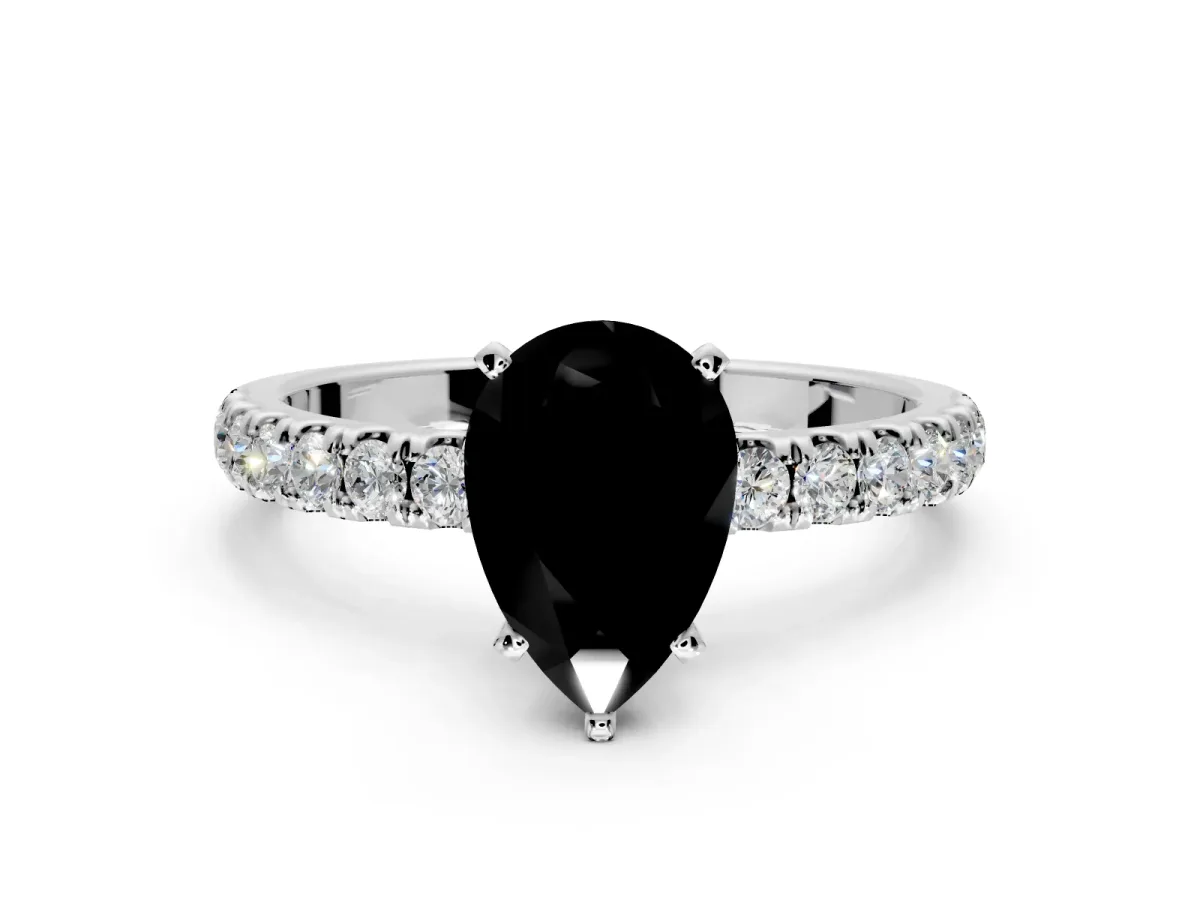 Open Basket Engagement Ring Setting for Fancy Black Pear-Shaped Center with Pave Band and Prong Head in White Gold