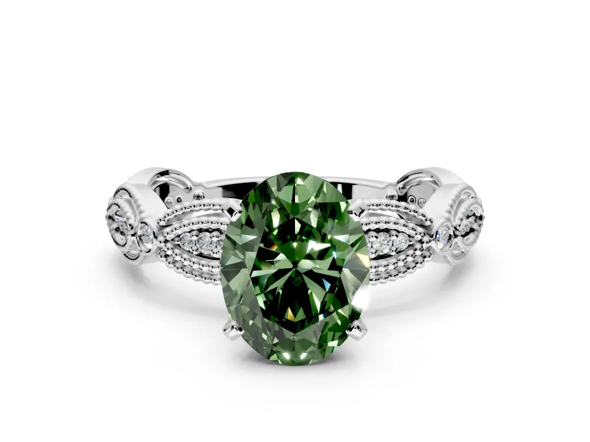 Solitaire Engagement Ring Setting for Fancy Green Oval Center with Marquise Panel Band and Prong Head in Platinum