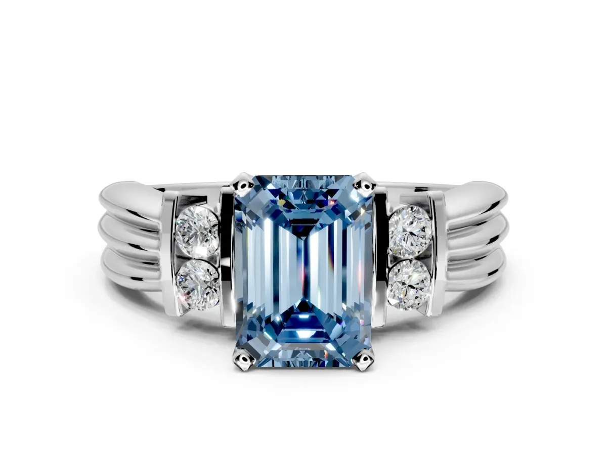 Solitaire Engagement Ring Setting for Fancy Blue Emerald Cut Center with Grooved Bar Accent Band and Prong Head in Sterling Silver