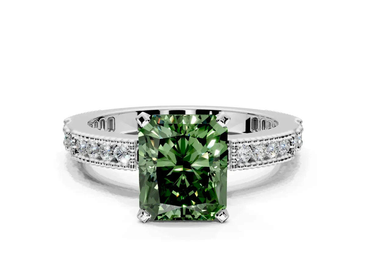 Solitaire Engagement Ring Setting for Fancy Green Radiant Cut Center with Milgrain-Edged Pave Band and Prong Head in Platinum