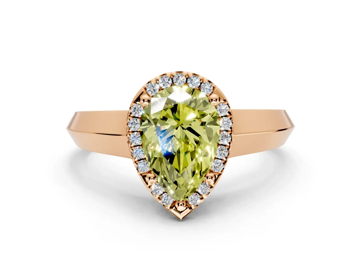 Halo Engagement Ring Setting for Fancy Yellow Pear-Shaped Center with Knife Ridge Cathedral Band and Prong Head in Rose Gold