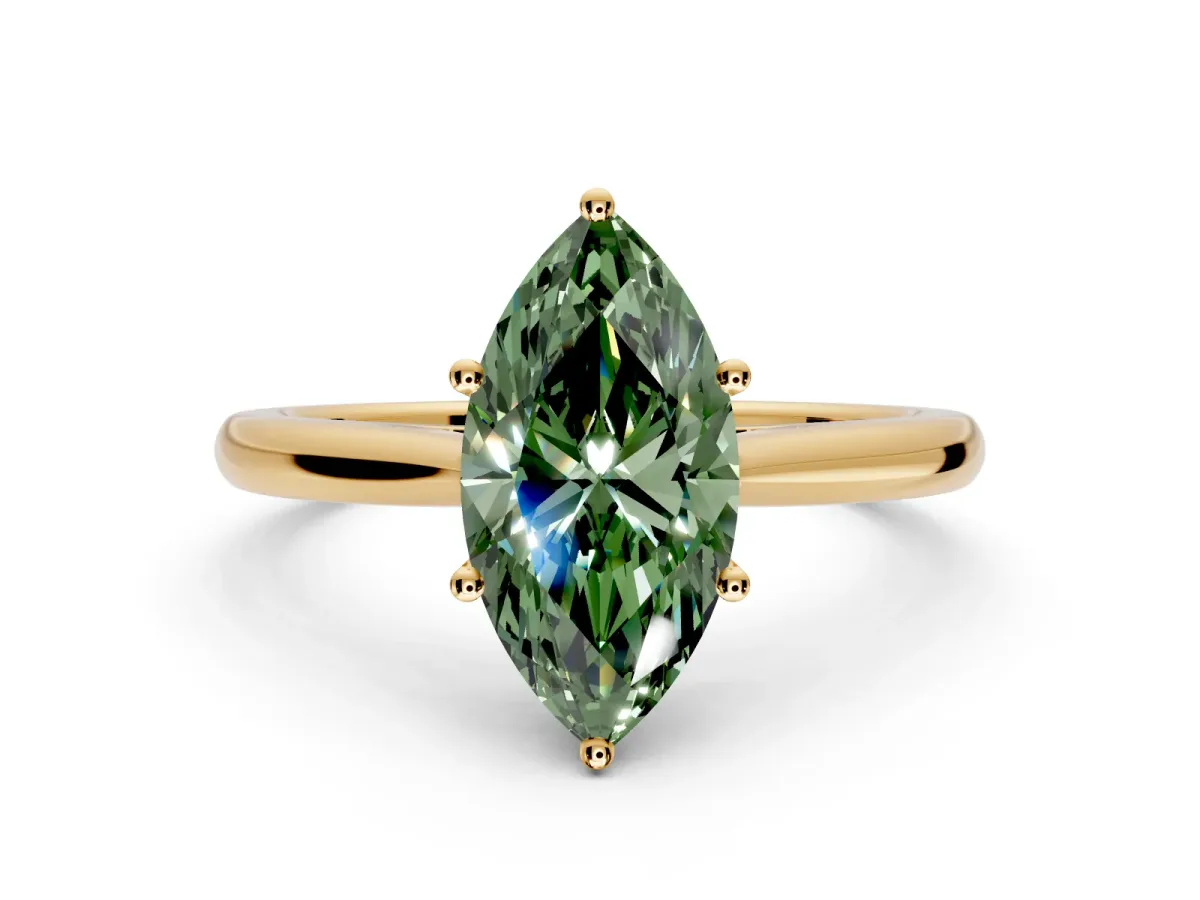 Solitaire Engagement Ring Setting for Fancy Green Marquise Center with Narrow Cathedral Band and Prong Head in Yellow Gold