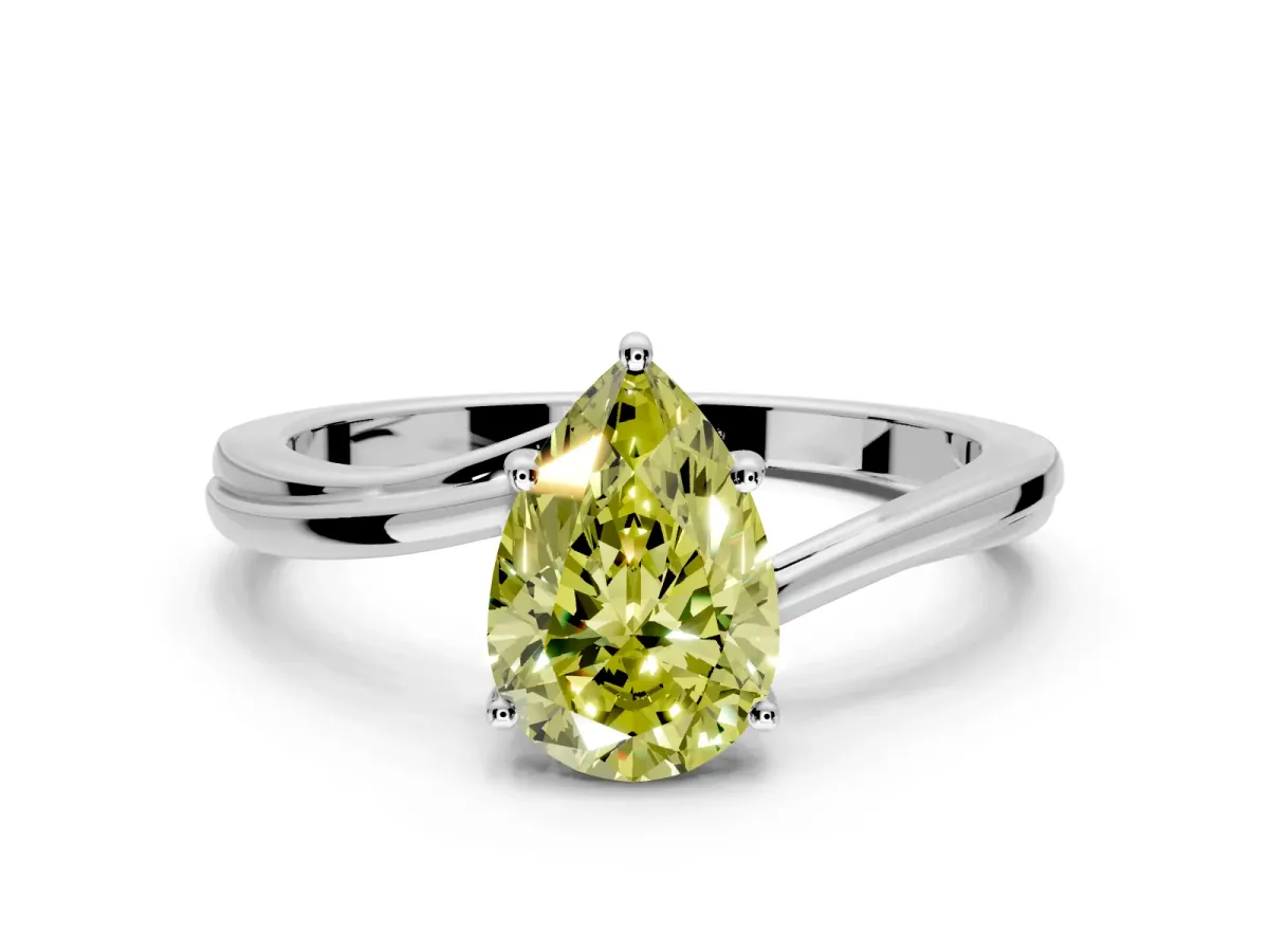 Solitaire Engagement Ring Setting for Fancy Yellow Pear-Shaped Center with Plain Bypass Twist Band and Prong Head in White Gold