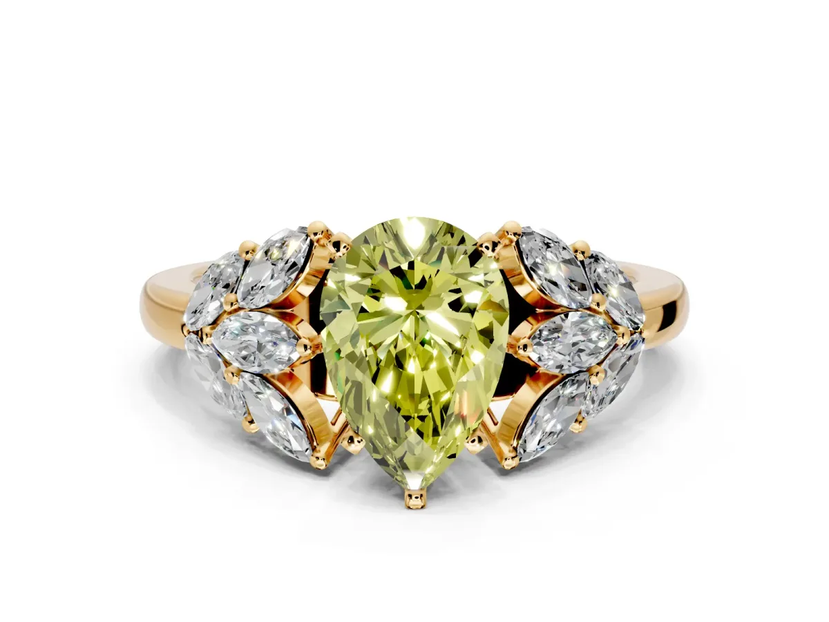 Leaf Cluster Engagement Ring Setting for Fancy Yellow Pear-Shaped Center with Marquise Accents and Prong Head in Yellow Gold