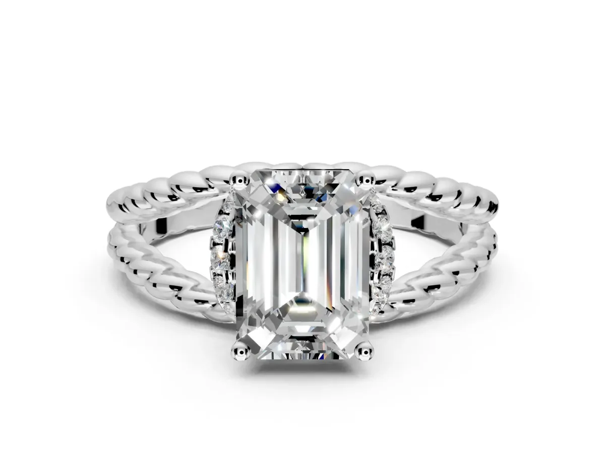Halo Engagement Ring Setting for Emerald Cut Center with Rope Twist Split Shank and Prong Head in Platinum