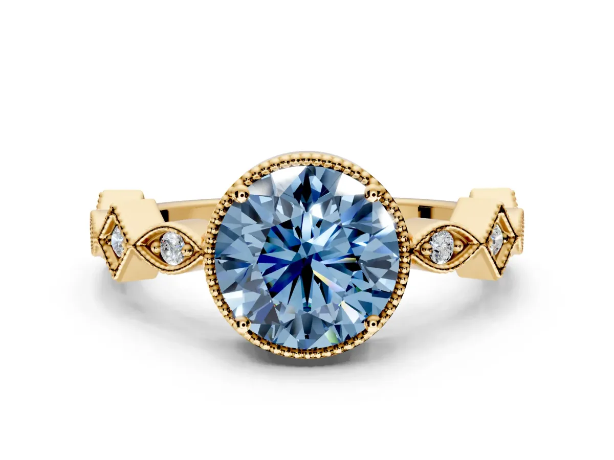 Milgrain Bezel Engagement Ring Setting for Fancy Blue Round Cut Center with Marquise Stations and Bezel Head in Yellow Gold