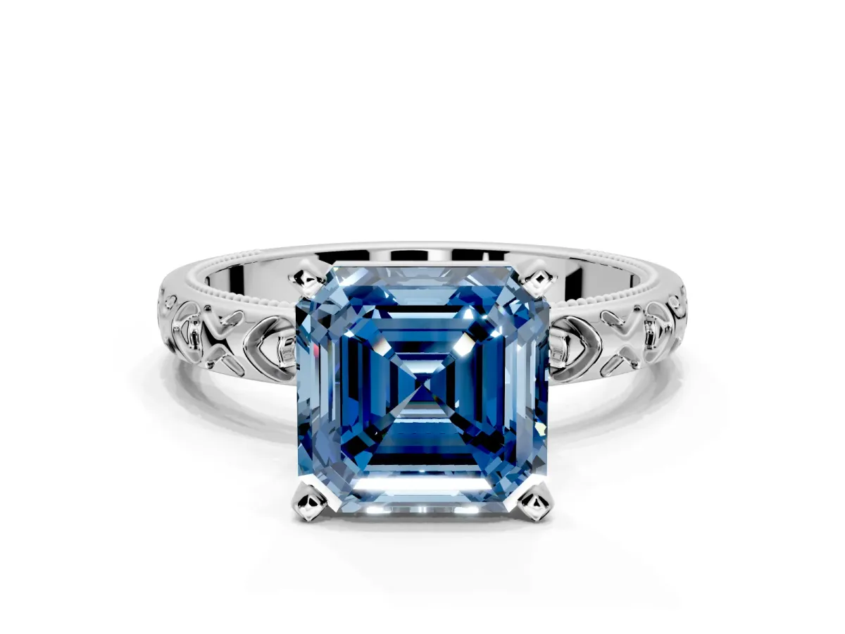 Solitaire Engagement Ring Setting for Fancy Blue Asscher Cut Center with XO Engraved Band and Prong Head in Sterling Silver