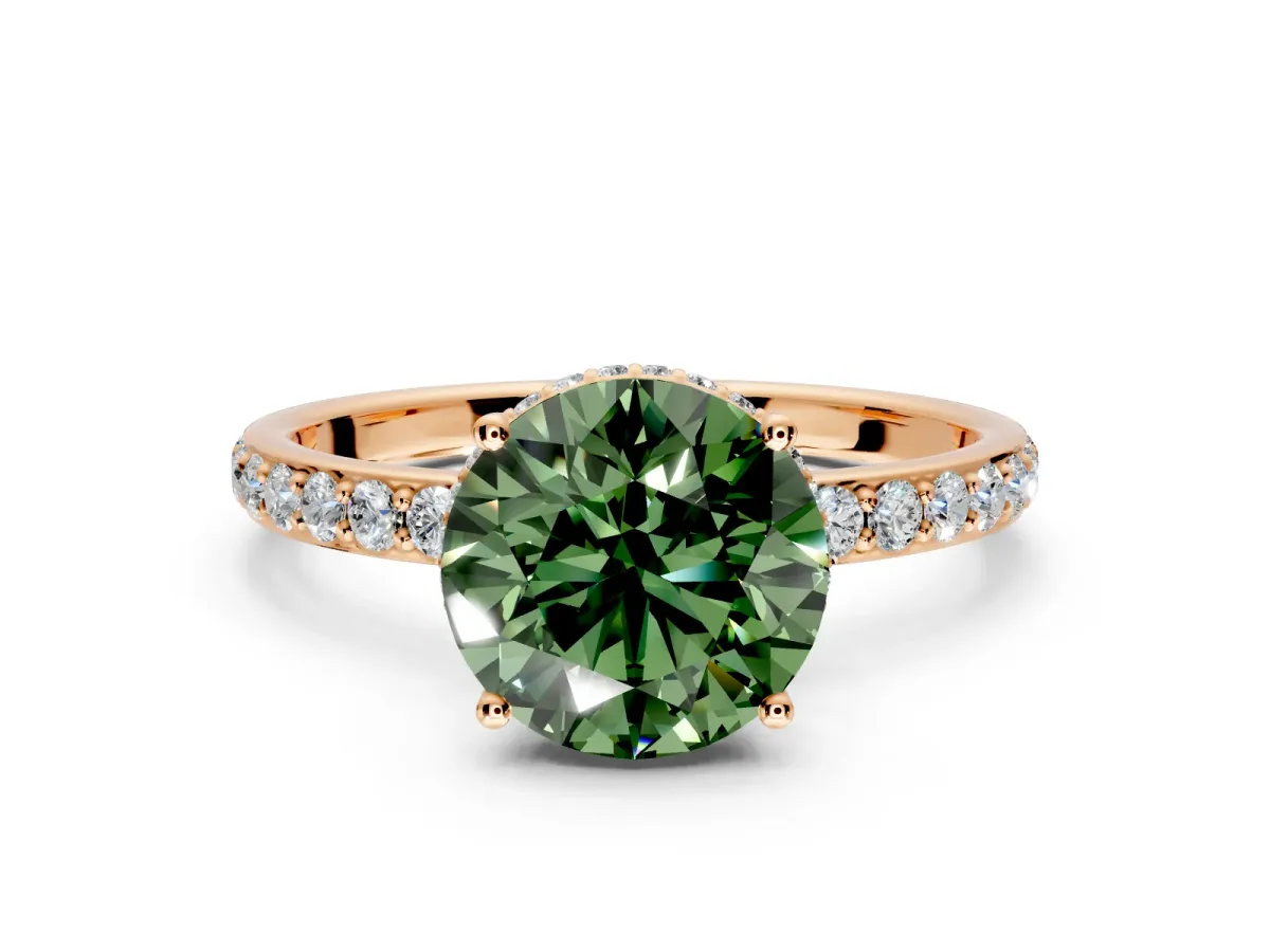 Hidden Halo Engagement Ring Setting for Fancy Green Round Cut Center with Pave Band and Prong Head in Rose Gold