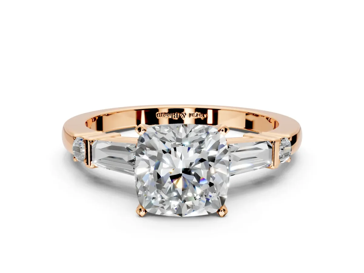 Bar-Set Engagement Ring Setting for Cushion Cut Center with Tapered Baguette Accents and Prong Head in Rose Gold