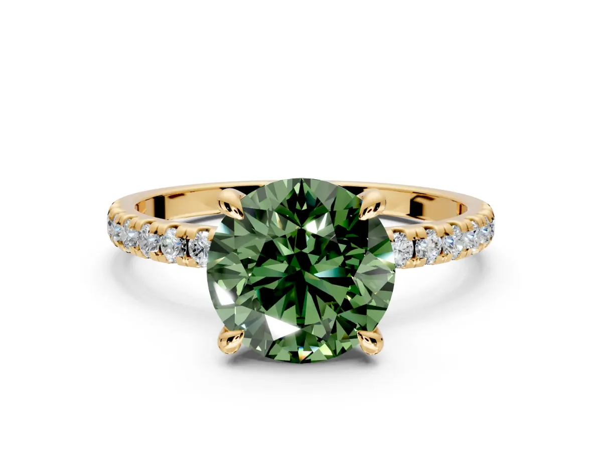 Solitaire Engagement Ring Setting for Fancy Green Round Cut Center with Fine Pave Narrow Band and Prong Head in Yellow Gold