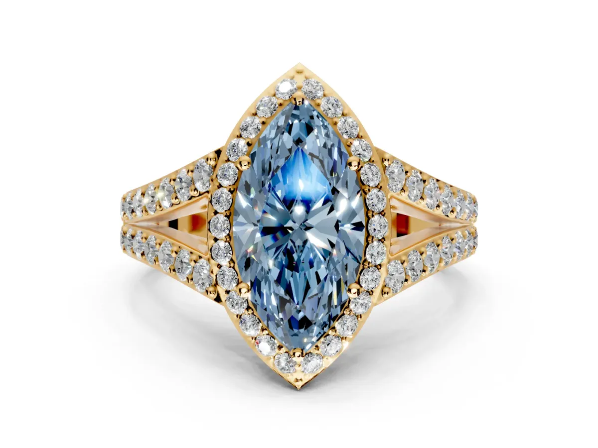 Halo Engagement Ring Setting for Fancy Blue Marquise Center with Narrow Pave Split Shank and Prong Head in Yellow Gold
