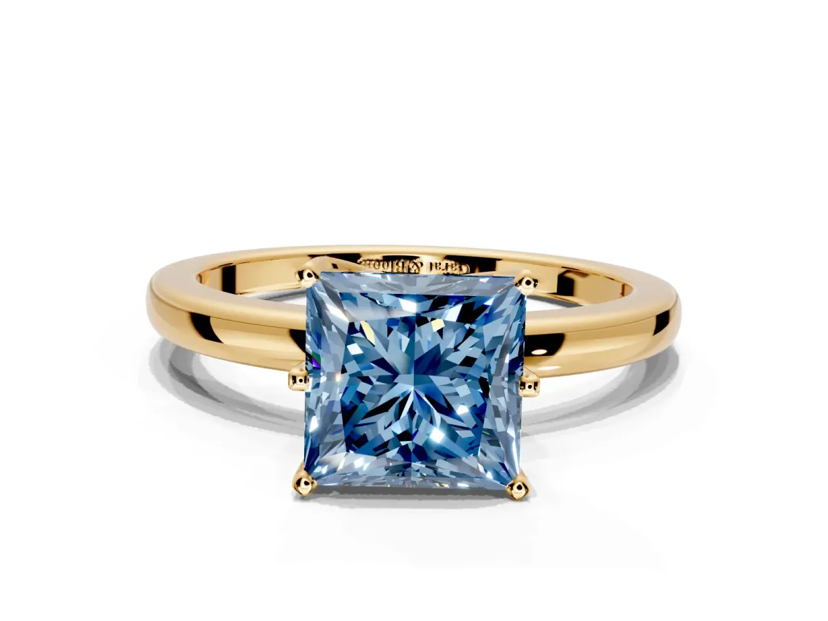Solitaire Engagement Ring Setting for Fancy Blue Princess Cut Center with Plain Band and Tulip Prong Head in Yellow Gold