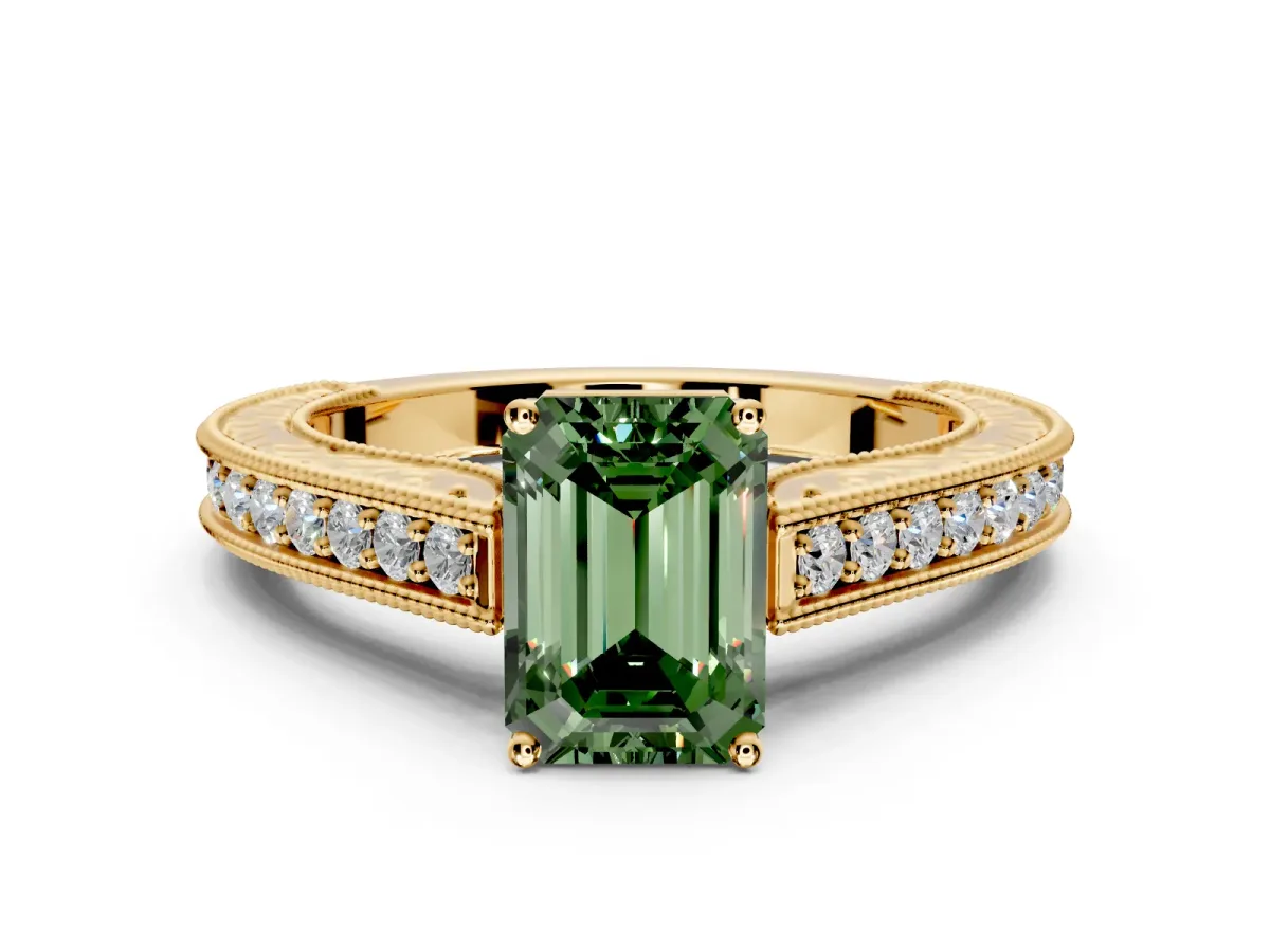 Solitaire Engagement Ring Setting for Fancy Green Emerald Cut Center with Engraved Pave Band and Prong Head in Yellow Gold