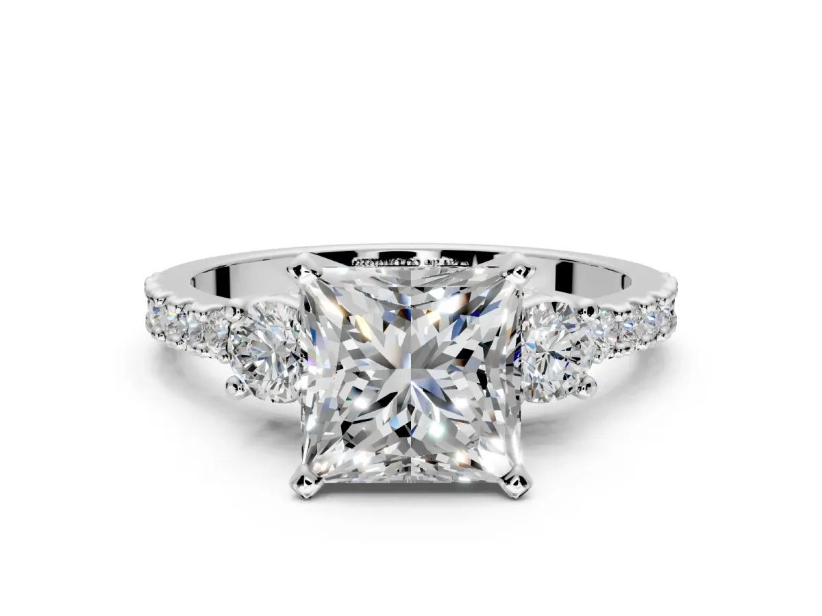 3 Stone Engagement Ring Setting for Princess Cut Center with Round Cut Side Accents and Prong Head in Sterling Silver