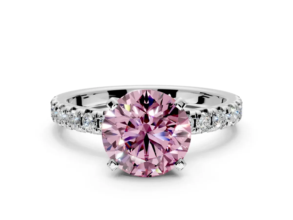 Solitaire Engagement Ring Setting for Fancy Pink Round Cut Center with Large Accents and Prong Head in Sterling Silver