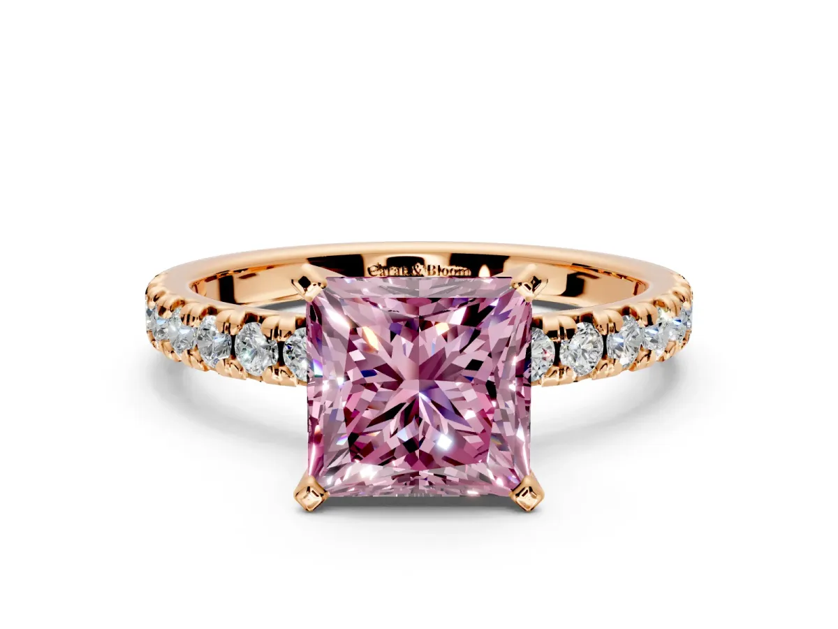 Solitaire Engagement Ring Setting for Fancy Pink Princess Cut Center with Large Accents and Prong Head in Rose Gold