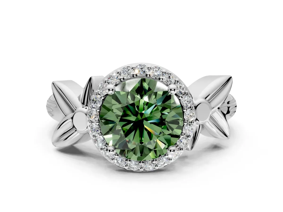 Halo Engagement Ring Setting for Fancy Green Round Cut Center with Floral Band and Prong Head in Platinum