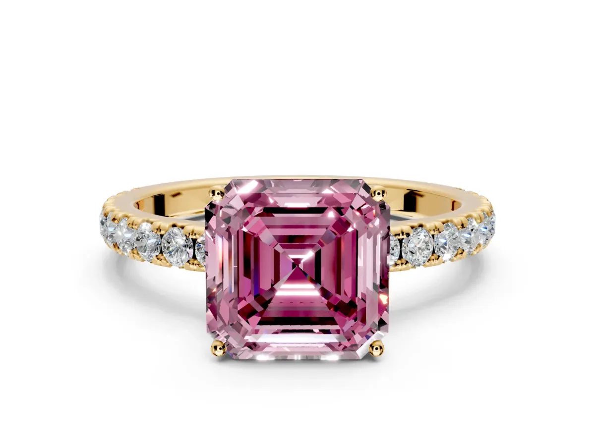 Solitaire Engagement Ring Setting for Fancy Pink Asscher Cut Center with Large Accent Band and Prong Head in Yellow Gold